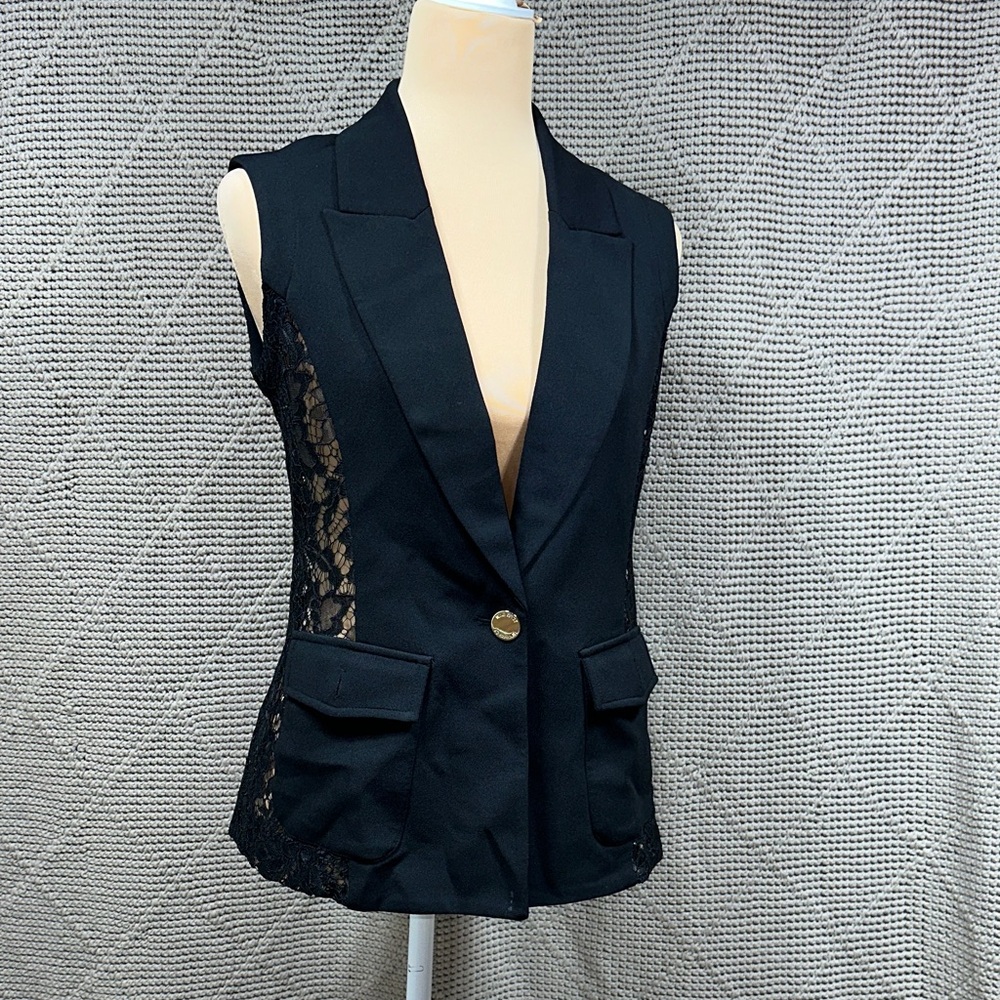 Nine West Black Sleeveless Lace-Panel Blazer Vest